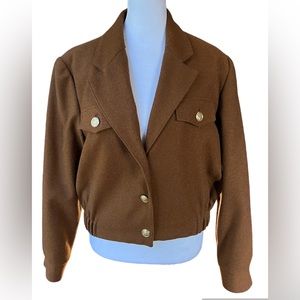 Vintage Wool Cropped Brown Jacket Gold Buttons Women's Size 8